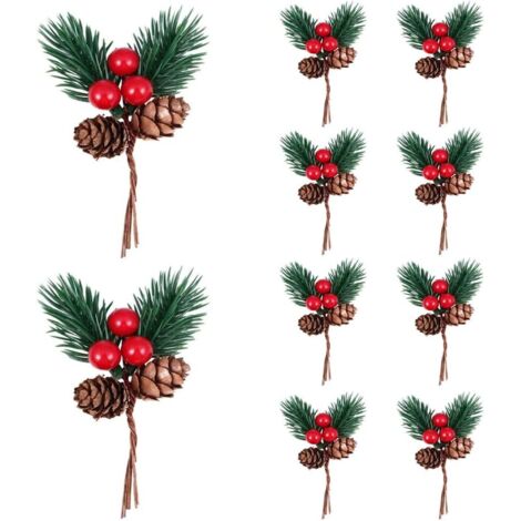 Decorazioni natalizie con pigne, confezione da 10, bastoncini e spray natalizi artificiali, rami di bacche rosse con foglie di agrifoglio per decorazioni natalizie e ghirlande.