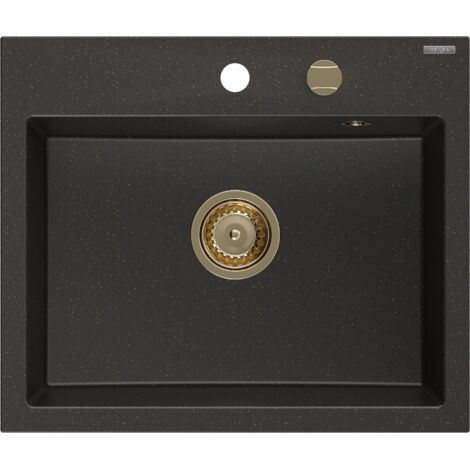 Mexen Oscar lavello in granito a 1 vasca 580 x 490 mm, nero/oro metallizzato, sifone dorato - 6519581000-75-G
