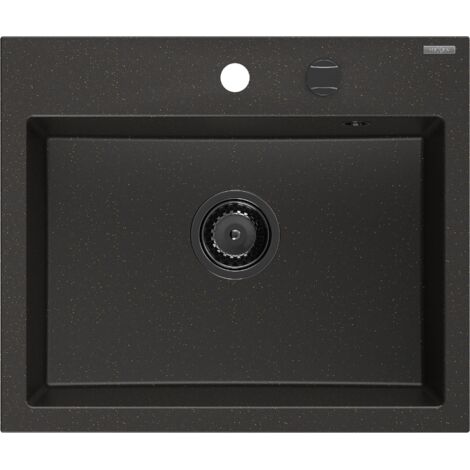 Mexen Oscar lavello in granito 1 vasca 580 x 490 mm, nero/oro metallizzato, sifone nero - 6519581000-75-B