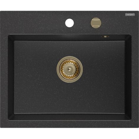 Mexen Oscar lavello in granito 1-vasca 580 x 490 mm, nero/argento metallico, sifone oro - 6519581000-73-G