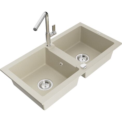Mexen Mario lavello da cucina in granito a 2 vasche con miscelatore Flora, beige - 6504-69-670401-00