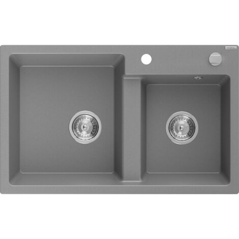 Mexen Tomas lavello in granito a 2 vasche 800 x 500 mm, grigio, sifone cromato - 6516802000-71 (1/5)