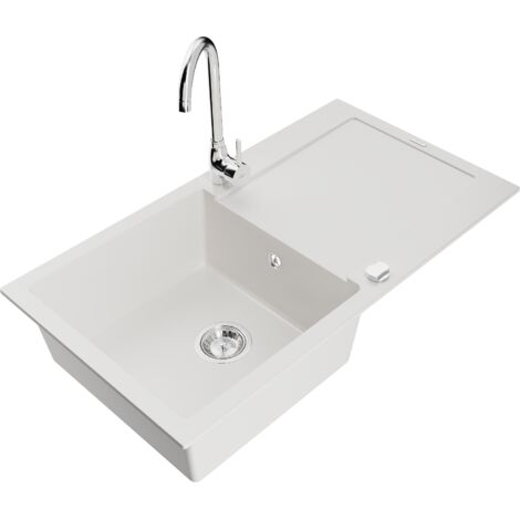 Mexen Leo lavello in granito a 1 vasca con sgocciolatoio e rubinetto da cucina Telma, bianco - 6501-20-670200-00