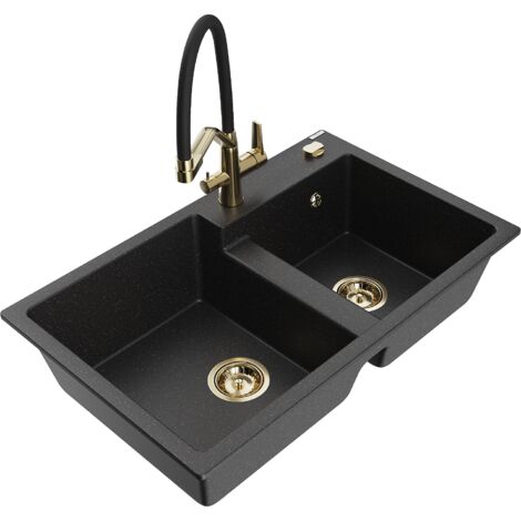 Mexen Tomas lavello in granito a 2 vasche con rubinetto da cucina Duo, nero/argento metallizzato - 6516-73-671701-57-G (1/5)