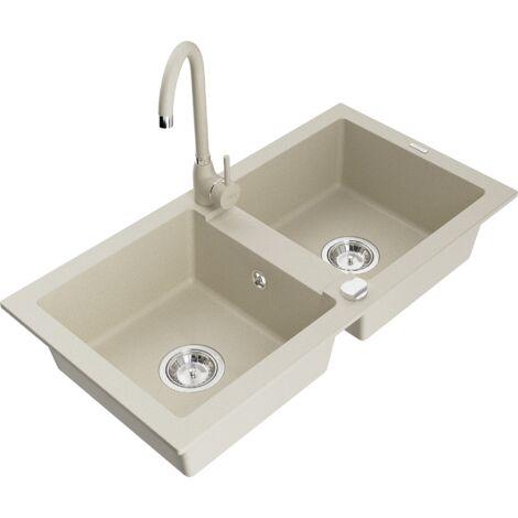 Mexen Mario lavello da cucina in granito a 2 vasche con rubinetto Telma, beige - 6504-69-670200-69
