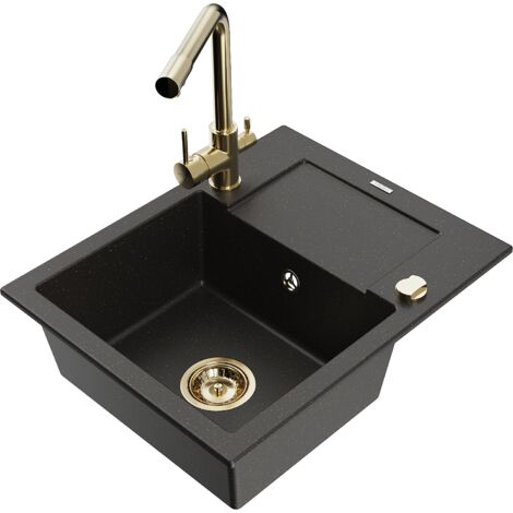Mexen Enzo lavello in granito a 1 vasca con scolapiatti e rubinetto da cucina Duero, nero/oro metallico - 6506-75-671600-50 (1/5)