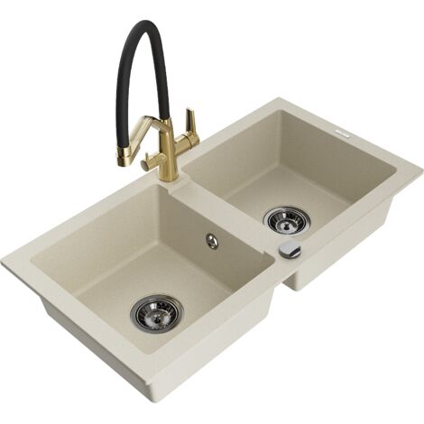 Mexen Mario lavello in granito a 2 vasche con rubinetto da cucina Duo, beige - 6504-69-671701-57-B