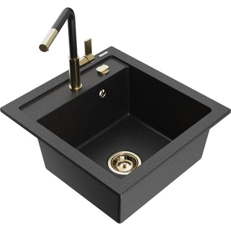Mexen Vito lavello in granito a 1 vasca con rubinetto da cucina Flora, nero/argento metallizzato - 6503-73-670401-57-G (1/5)