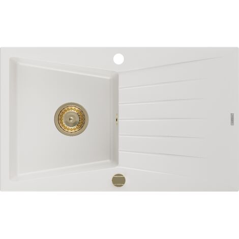 Mexen Cesar lavello in granito 1 vasca con scolapiatti 775 x 470 mm, bianco, sifone dorato - 6514771010-20-G (1/5)