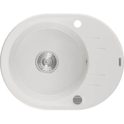 Mexen Kevin lavello in granito 1-vasca con sgocciolatoio 586 x 458 mm, bianco, sifone cromato - 6517581005-20 (1/5)