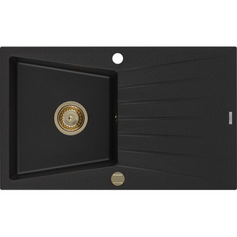 Mexen Cesar lavello in granito 1-vasca con scolapiatti 775 x 470 mm, nero, sifone dorato - 6514771010-77-G (1/5)