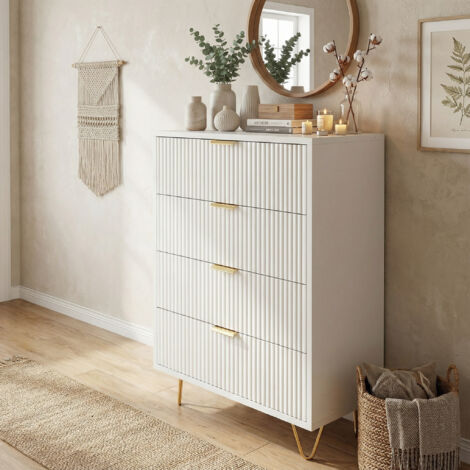 Kommode 60, 4 Schubladen, Schrank mit strukturierter Front und Goldfüßen, Sideboard für Schlafzimmer, Flur & Wohnzimmer, modern/skandinavisch(60x34x91cm, Weiß)