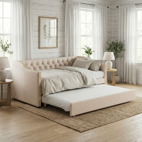 Schlafsofa Gästebett 90x200 ausziehbar, Polsterbett mit Holzlattenrost, Polsterung & Nieten, für Kinder/Erwachsene, Leinen, moderner Skandi-Stil(90x200cm, Beige)