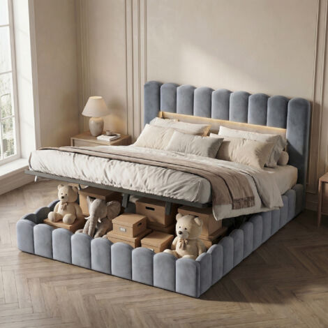 Bett mit Stauraum, Stauraumbett 180x200, Doppelbett mit LED & USB/Typ-C, Bett Erwachsene hydraulisch gepolstert, Samt, moderner Skandi-Stil(180x200cm, Grau) (1/5)