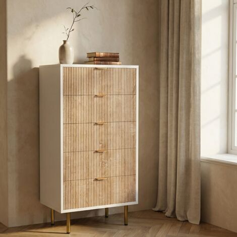 Hochkommode 60 cm, Hochkommode 5 Schubladen, Kommode, Rillenoptik Holz/Weiß, Goldfüße, Schrank für Schlafzimmer/Wohnzimmer, modern, Eiche hell