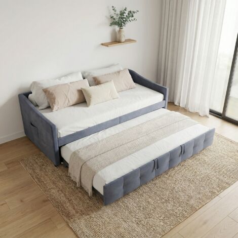Schlafsofa Gästebett 90x200(x2) ausziehbar, Polsterbett, Seitentaschen, Holzlattenrost, für Kinder/Erwachsene, Samt, moderner Skandi-Stil, Grau
