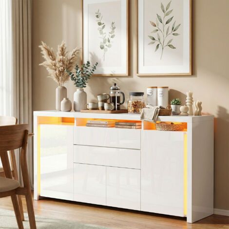 Konsolentische 160, sideboard, 4 Türen 2 Schubladen, LED, Schlafzimmerkommode, Schrank, Hochglanz-Front, Push-to-Open, für Wohnzimmer/Küche, modern/skandinavisch(160x35x75cm, Weiß)