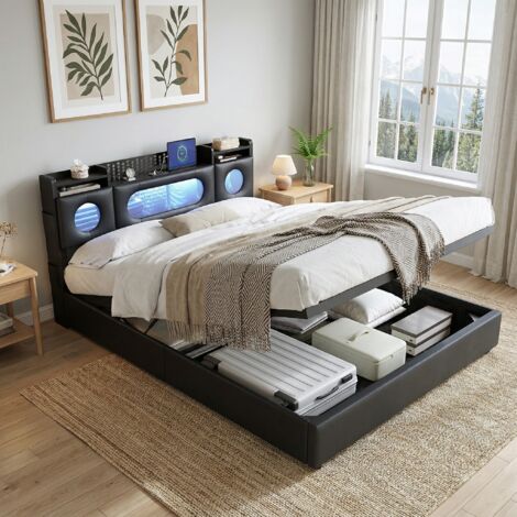 Bett mit Stauraum, Stauraumbett 160x200, Doppelbett hydraulisch mit LED & USB/Typ-C, Bett Erwachsene, Kopfteil mit intelligentem Stauraum, inkl. Lattenrost, Skandi(160x200cm, Schwarz)