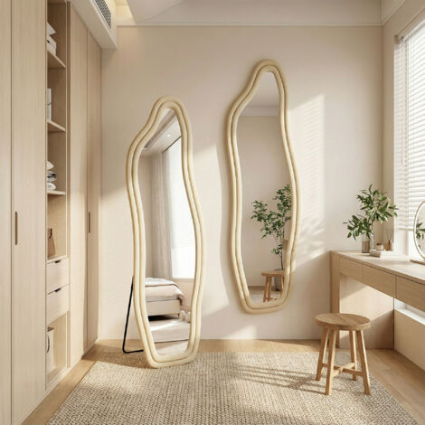 Standspiegel Wellenförmig Design, großer Wandspiegel mit Samtrahmen, Ganzkörperspiegel bruchsicher HD, modern/skandinavisch(140x45cm, Gold)