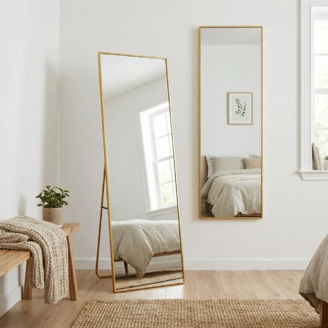 Großer Standspiegel 140x40cm, rechteckig, Wandspiegel, stehend/hängend, dünner Alurahmen & bruchsicheres HD-Glas, modern/skandinavisch(140x40cm, Gold)
