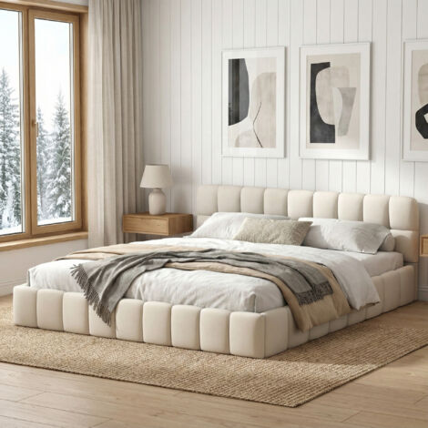 Bett Erwachsene 160x200, Doppelbett mit weicher Lehne, Flachbett mit Polsterrand, Leinenstoff, inkl. Lattenrost(160x200, Beige)