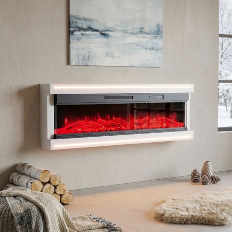 Elektrischer Wandkamin 50", realistischer Flammeneffekt 12 Farben & LED-Ambiente, Heizung 750W/1500W, Fernbedienung & Timer, Skandi-Stil(50", Weiß)