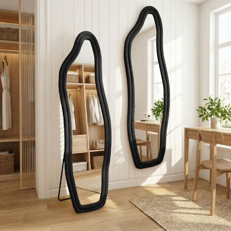 Standspiegel Wellenförmig Design, großer Wandspiegel mit Samtrahmen, Ganzkörperspiegel bruchsicher HD, modern/skandinavisch(140x45cm, Schwarz)