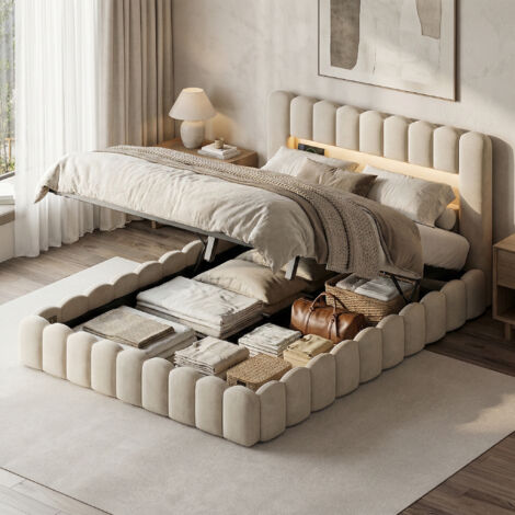 Bett mit Stauraum, Stauraumbett 180x200 mit Lattenrost, LED & USB/Typ-C, Polsterbett hydraulisch, Bett Erwachsene, Leinen, moderner Skandi-Stil(180x200cm, Beige) (1/5)