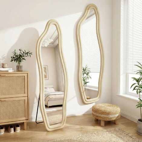 Standspiegel Wellenförmig Design, großer Wandspiegel mit Samtrahmen, Ganzkörperspiegel bruchsicher HD, modern/skandinavisch(160x50cm, Gold)