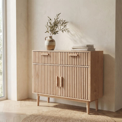 Kommode 100, 2 Türen 2 Schubladen, Sideboard 100, Lamellen-Design, Schrank für Wohnzimmer/Küche/Esszimmer, modern/skandinavisch(100x35x80cm, Eiche hell)