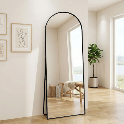 Großer Standspiegel 173x63cm, gewölbt, Wandspiegel, stehend/hängend, Alurahmen & HD-Hartglas, für Schlafzimmer/Flur, moderner Skandi-Stil(173x63cm, Schwarz)