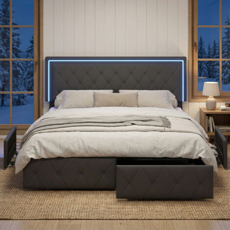 Letto 160x200 per adulti con rete, 4 cassetti, letto matrimoniale con Illuminazione, letto imbottito con testiera regolabile, letto con contenitore, design scandinavo (160x200 cm, Grigio)