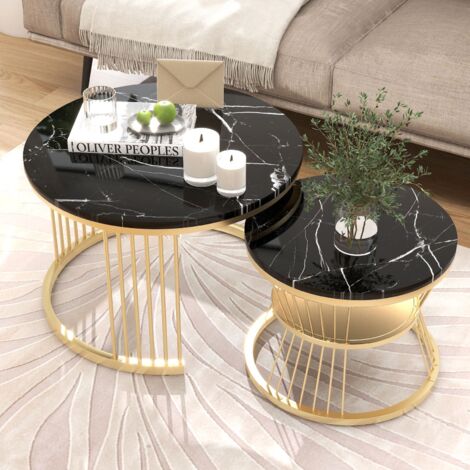 Runde Couchtische im 2er-Set, Satztische Ø70/45 cm, Beistelltische mit Stauraum, moderner Chic-Stil, Schwarz