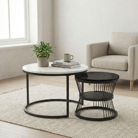 Couchtisch 2er Set, Satztische Wohnzimmertisch rund Ø70+45cm, Platzsparender Beistelltisch stapelbar, Modernes Design, Weiß+Schwarz