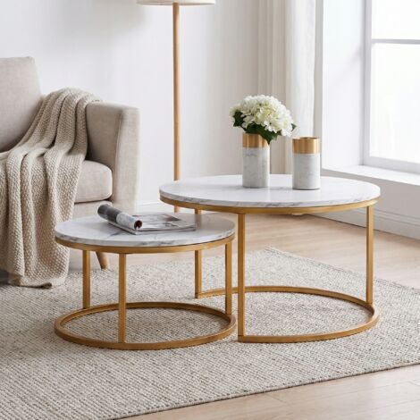 Couchtisch 2er Set Rund, 80cm & 60cm Satztisch platzsparend, Modernes Design Beistelltisch aus Holz in Marmor-Optik und Metall, Gold