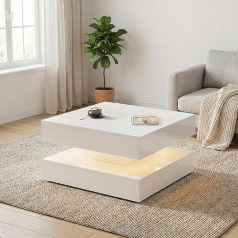 Couchtisch Quadratisch 78x78cm mit LED-Beleuchtung, Wohnzimmertisch mit 2 Schubladen und ausziehbarer Platte, Hochglanz-Optik, Modernes Design, Weiß