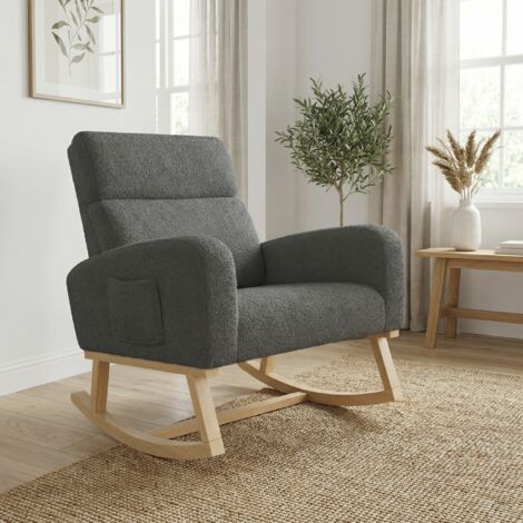 Schaukelstuhl, 69x78x87cm, Relaxsessel mit Seitentaschen und Breiter Sitzfläche, Teddy-Fleece Polstersessel mit Holzbeinen, Modern, Dunkelgrau