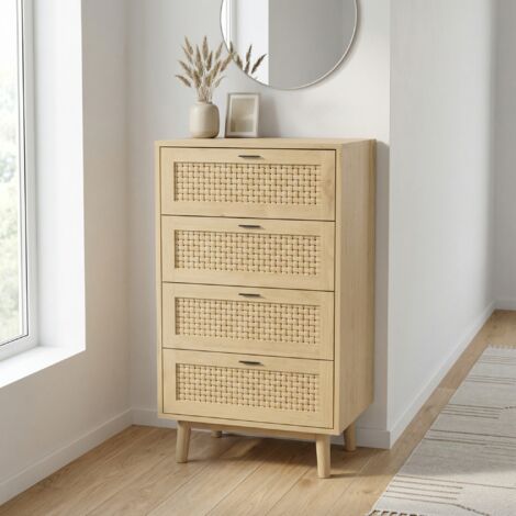 Schubladenkommode 55x40x95cm, Highboard mit 4 Schubladen in Rattan-Optik, Aufbewahrungsschrank Beistellschrank für Wohnzimmer Schlafzimmer und Flur, Modernes Design, Eiche hell