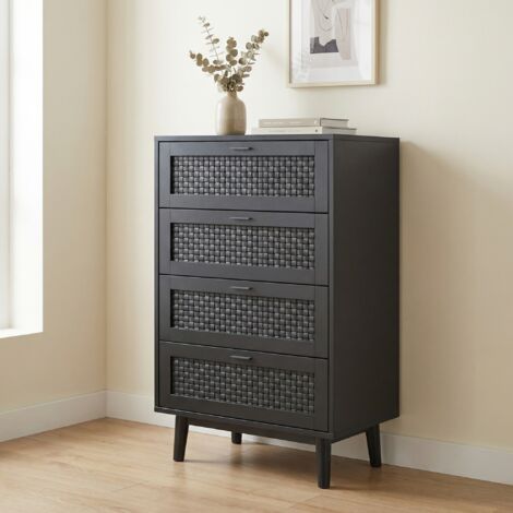 Schubladenkommode 55x40x95cm, Highboard mit 4 Schubladen in Rattan-Optik, Aufbewahrungsschrank Beistellschrank für Wohnzimmer Schlafzimmer und Flur, Modernes Design, Schwarz