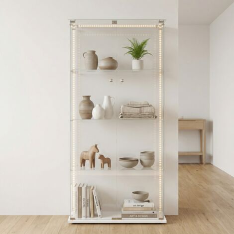 Glasvitrine mit 4 Ebenen und 2 Türen, Vitrinenschrank mit LED-Lichtstreifen und Schloss, Aufbewahrungsschrank aus gehärtetem Glas, 78,5x35x163 cm, moderner Stil, Weiß