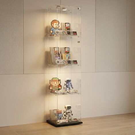 Glasvitrine mit 4 Ebenen und 1 Tür, 39,8x35x163 cm, LED-Beleuchtung mit Fernbedienung, Vitrinenschrank aus gehärtetem Glas für Wohnzimmer und Sammlungen, skandinavischer Stil, Schwarz (1/5)