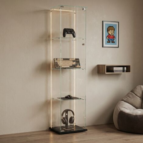 Glasvitrine mit 4 Ebenen und 1 Tür, 39,8x35x163 cm, LED-Lichtstreifen mit Fernbedienung, Vitrinenschrank aus gehärtetem Glas für Wohnzimmer und Sammlungen, skandinavischer Stil, Schwarz (1/5)