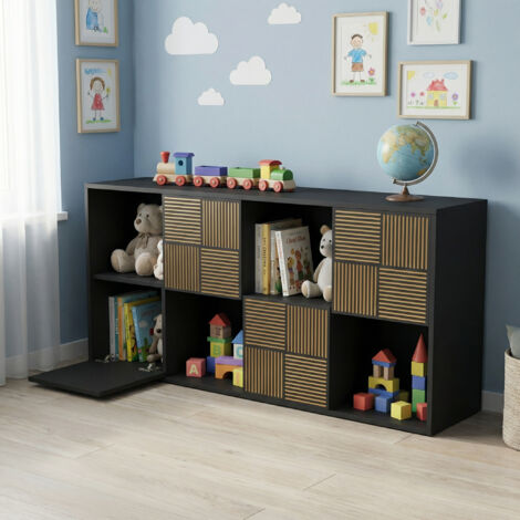 Kinderregal 125x30x60 cm, Aufbewahrungsschrank mit 8 Fächern und 4 Türen, modulares Holzregal, moderner Stil, Schwarz