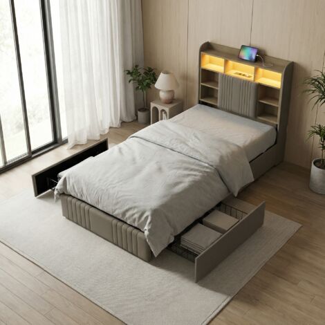 Erwachsenenbett 90x200, Kopfteil mit Stauraum und LED-Beleuchtung, 2 Schubladen und Ladeanschlüsse, Bettgestell aus Leinen und Holz, moderner Stil, Beige (1/5)