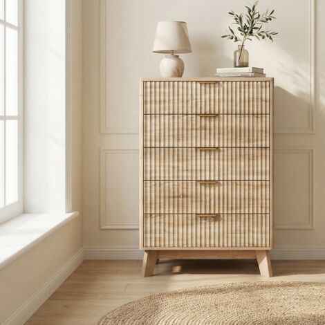 Kommode mit 5 Schubladen, Aufbewahrungsschrank 73x40x108 cm, große Kapazität mit Kippschutz, Holz- und Metallstruktur, für Wohnzimmer, Schlafzimmer und Küche, moderner skandinavischer Stil, Eiche hell