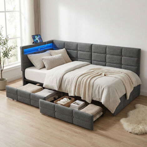 Erwachsenenbett 90x200 mit 2 Schubladen, Einzelbett, gepolstertes Bett mit LED-Beleuchtung und USB-Anschlüssen, Tagesbett, minimalistisches Design mit Steppmuster, Grau (1/5)