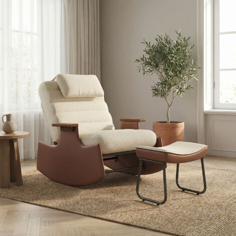 Schaukelstuhl mit Fußhocker, Relaxsessel, verstellbare Rückenlehne in 3 Positionen, Cord-Stoff, moderner Stil, Beige