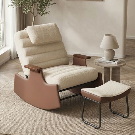 Schaukelstuhl mit Fußhocker, Relaxsessel, verstellbare Rückenlehne in 3 Positionen, Bouclé-Stoff, moderner Stil, Beige