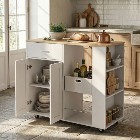 Kücheninsel aus Holz 102x46x92 cm, Küchenwagen, multifunktionaler Aufbewahrungsschrank mit Schublade und Türen, moderner skandinavischer Stil, Weiß