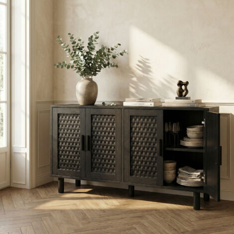 Sideboard aus Holz mit Rattan-Optik, Anrichte mit 3 Schubladen und 3 Türen, 108x40x80 cm, Aufbewahrungsschrank mit Kippschutz, Boho moderner Stil, für Wohnzimmer und Küche, Schwarz